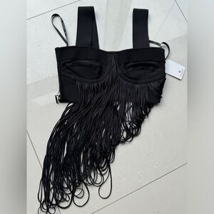 HERVE LEGER Draped Fringe Crop Top Black XS NEW $990